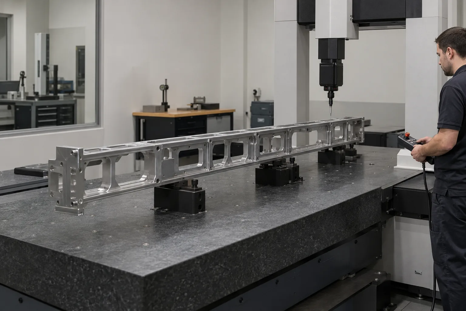 B2B product guide showing long metal hardware frame and temperature-equilibrated dimensional inspection.