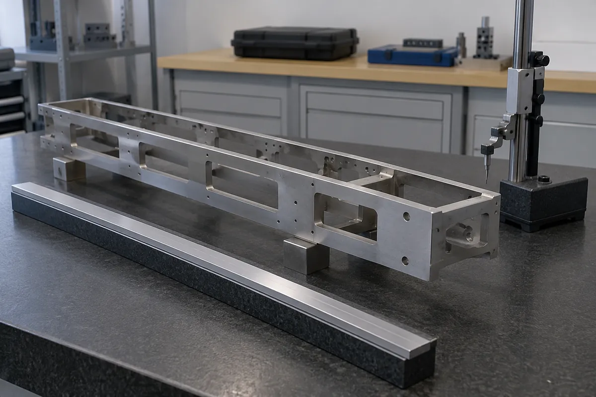 Production-intent long metal hardware frame and temperature-equilibrated dimensional inspection sample under supplier review.