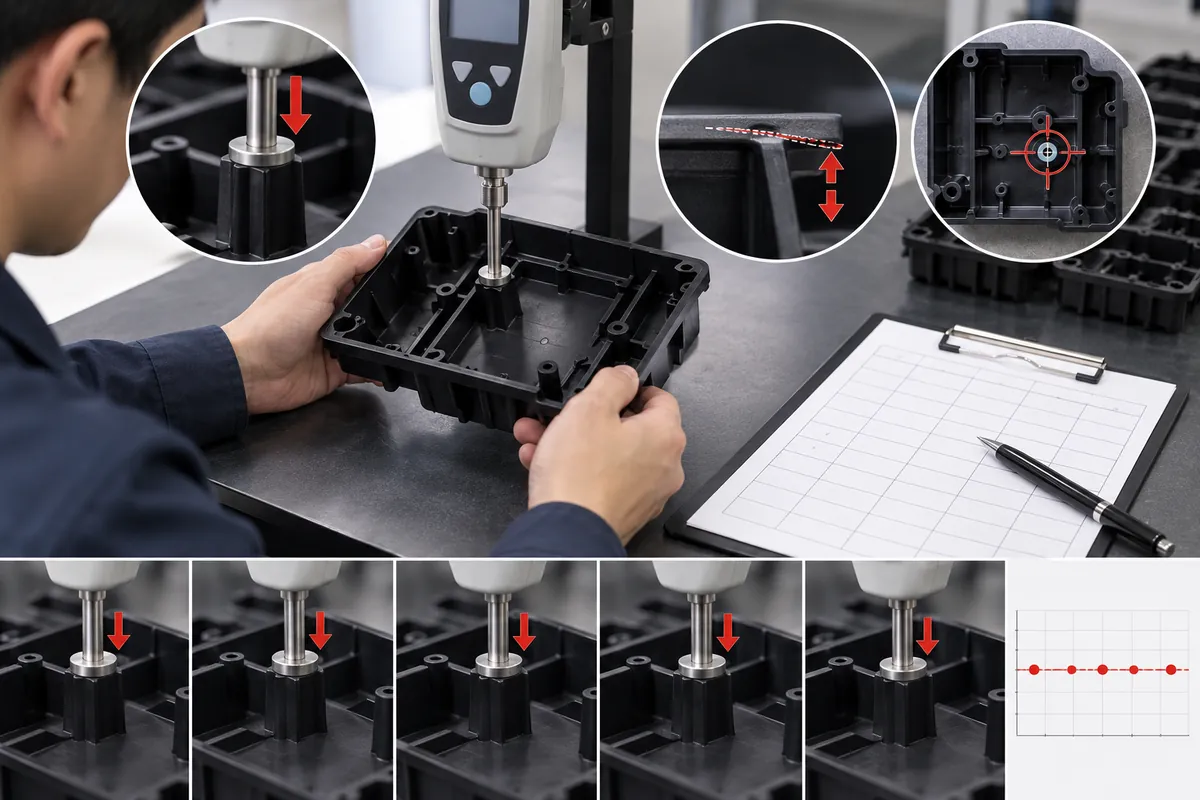 Buyer specification and sample approval review for plastic mounting insert measured with controlled low-force instrument.