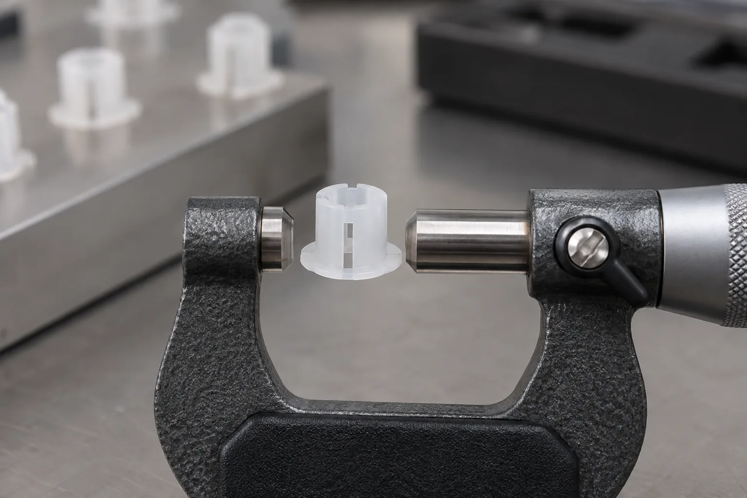B2B product guide showing plastic mounting insert measured with controlled low-force instrument.