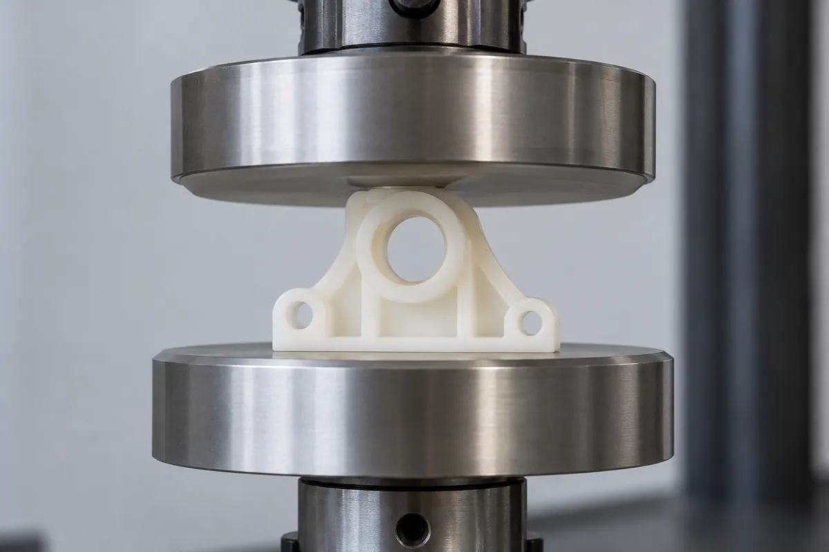 Production-intent plastic mounting insert measured with controlled low-force instrument sample under supplier review.