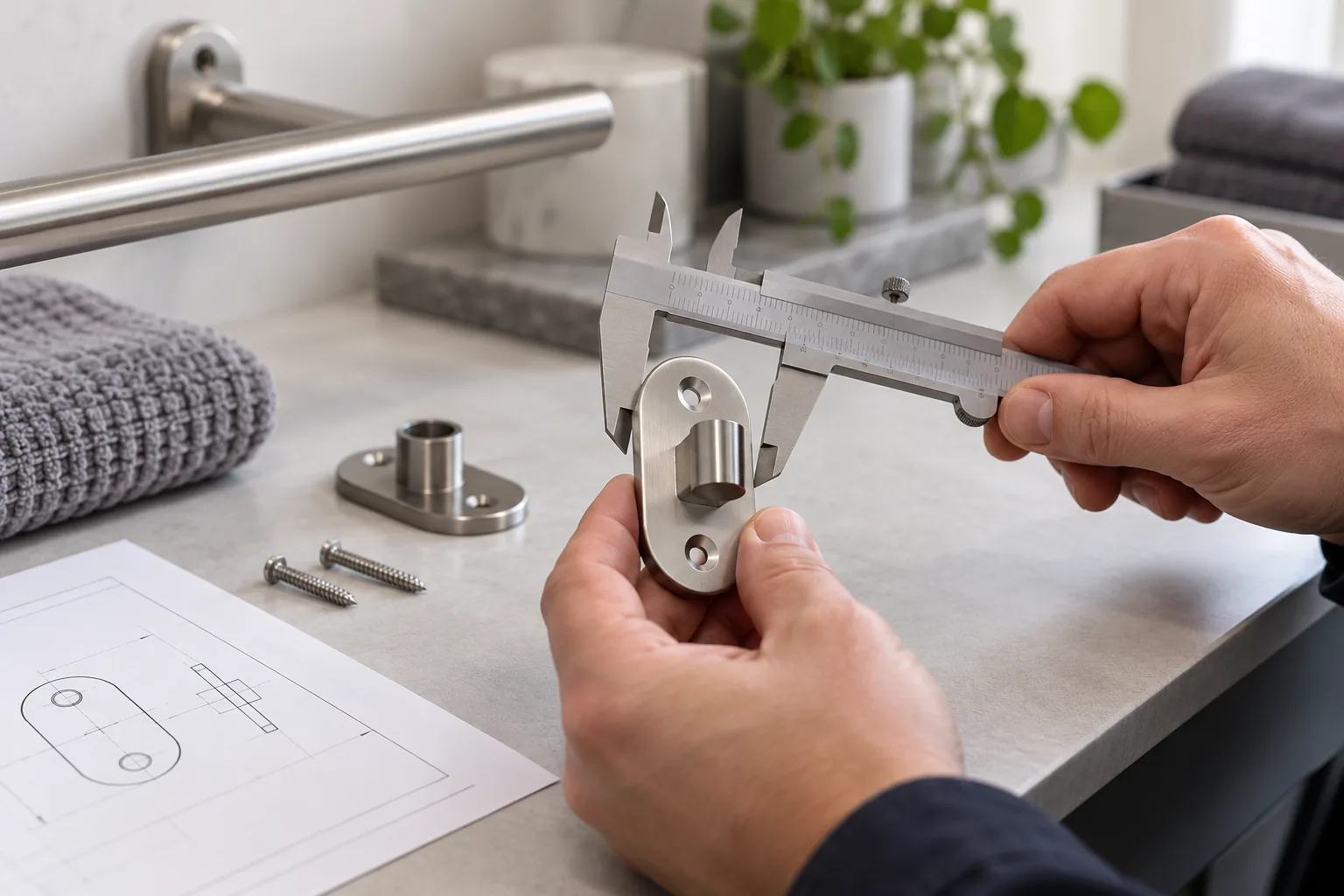 Inspector measuring a critical-fit metal hardware feature with a dimensional instrument.