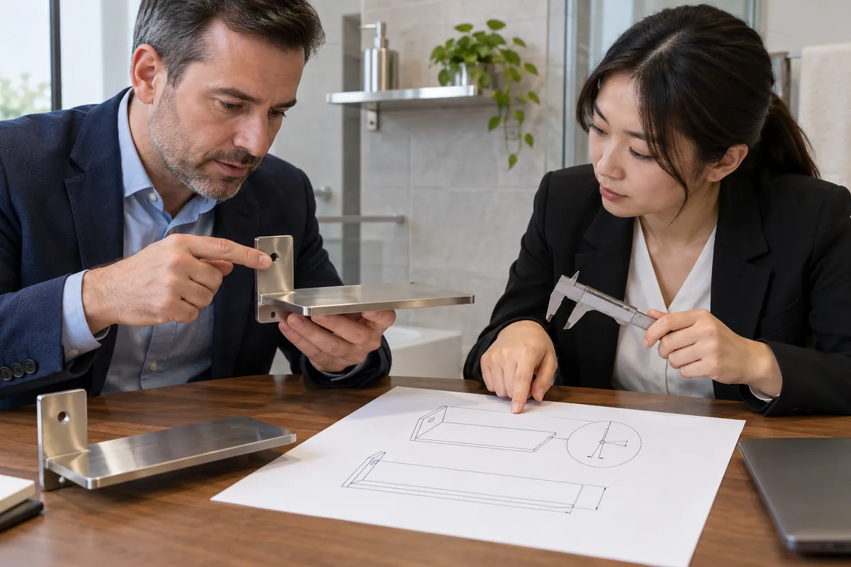 Buyer and supplier review a metal sample during dimensional acceptance.
