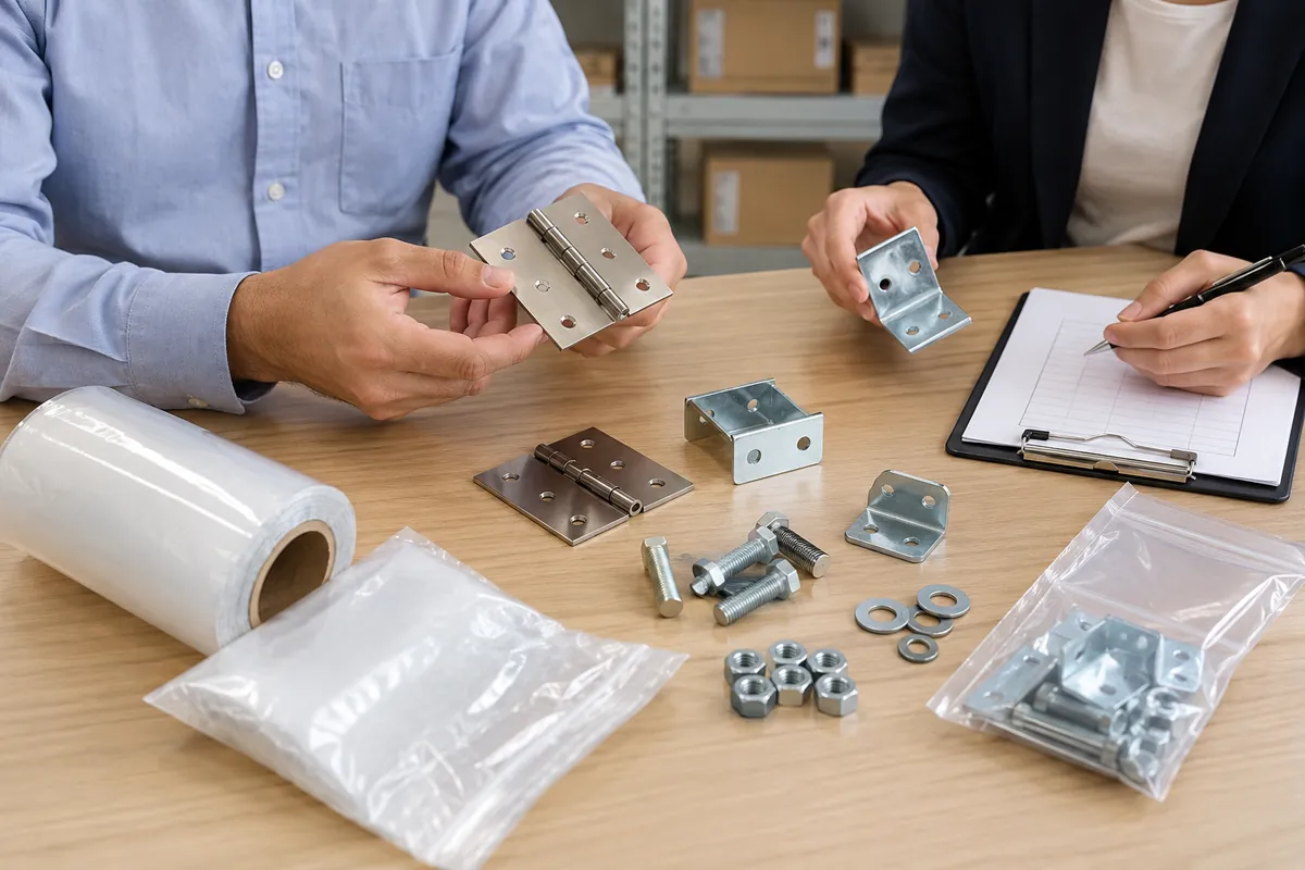 Buyer compares metal samples and packaging options for a mixed-metal set.