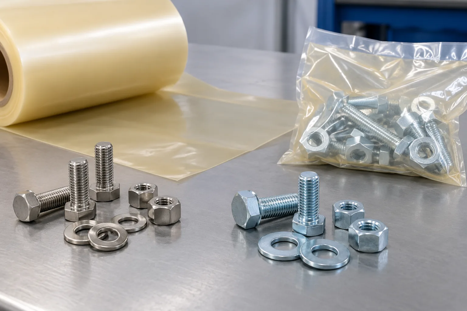 Mixed-metal hardware samples with compatible sealed corrosion-inhibitor packaging materials.
