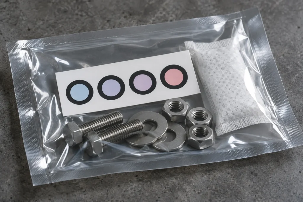Humidity indicator card positioned inside a sealed package containing metal hardware samples.