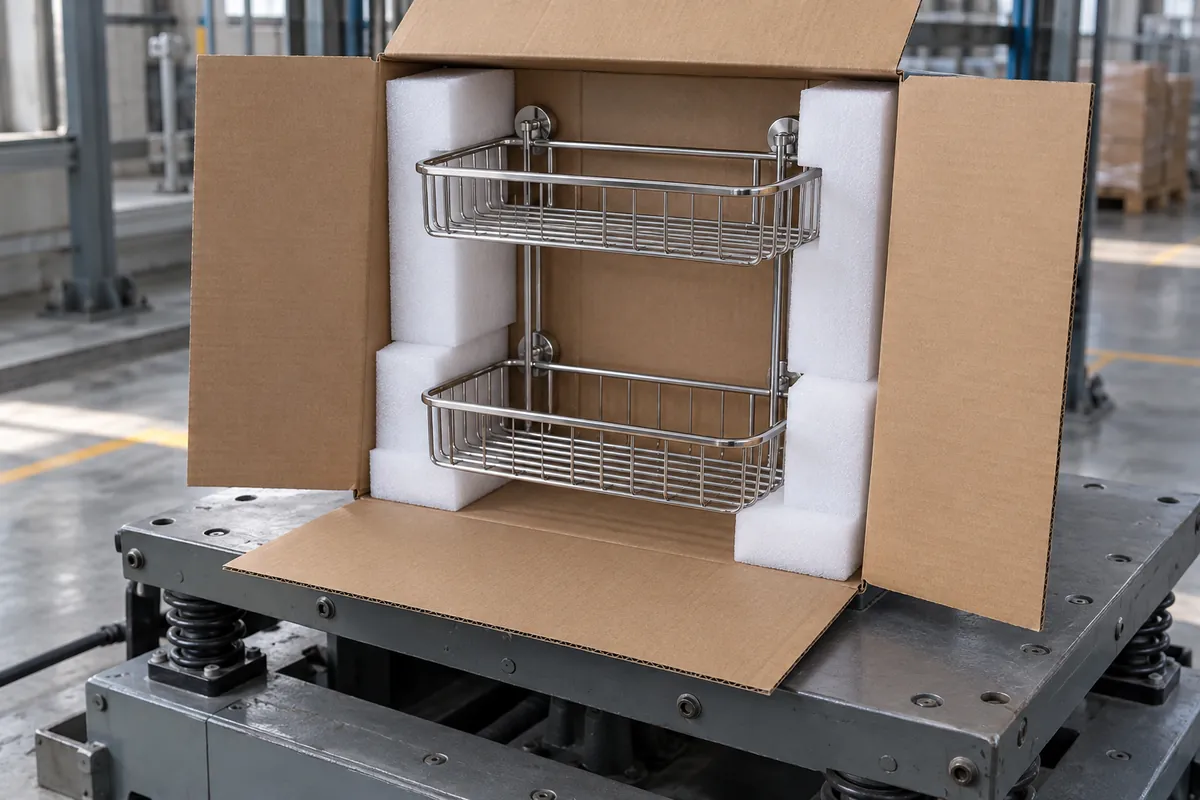Engineer checks carton restraint and internal cushioning before vibration testing.