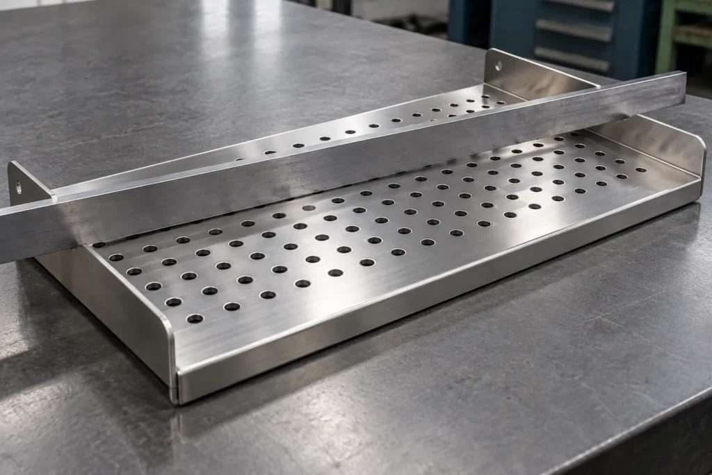Perforated sheet-metal shelf held flat in a fixture during sequence review.
