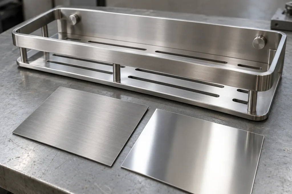 Stainless bathroom shelf with two real sheet-metal surface finishes shown in context.