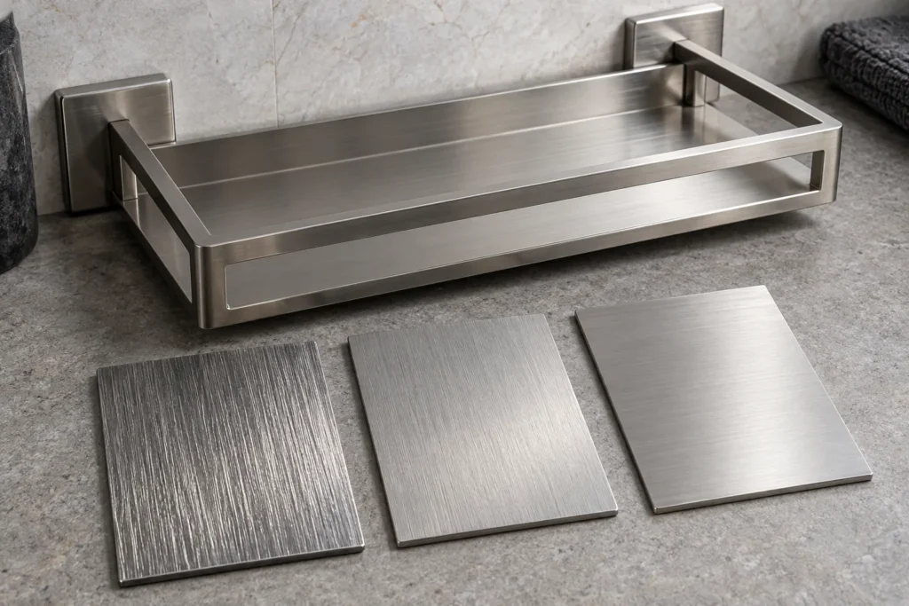 Satin stainless towel bar and real finishing abrasives on a factory bench.