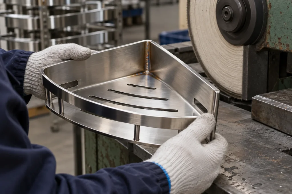 Close-up of a stainless bathroom rail weld area after controlled grinding.