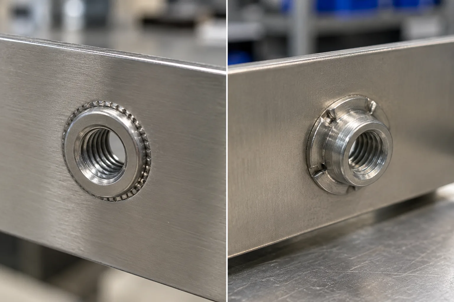 Clinch nut mechanically retained in a real thin sheet-metal mounting plate.