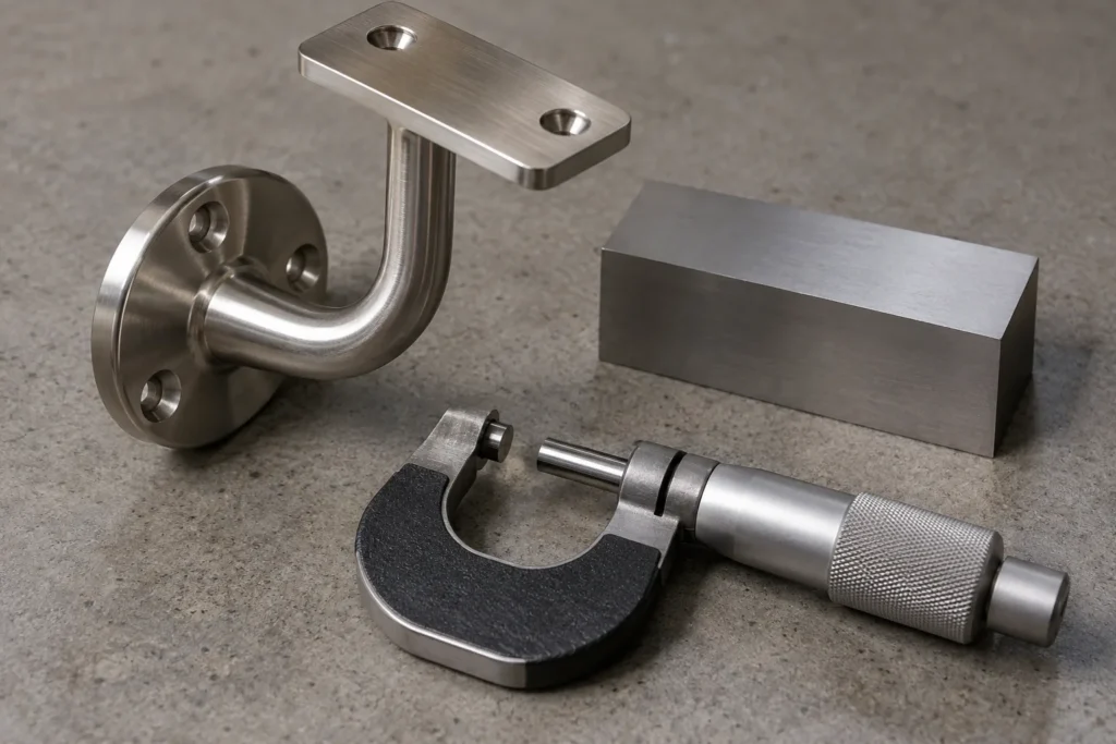 Real metal hardware parts inspected with an analog dimensional gauge.