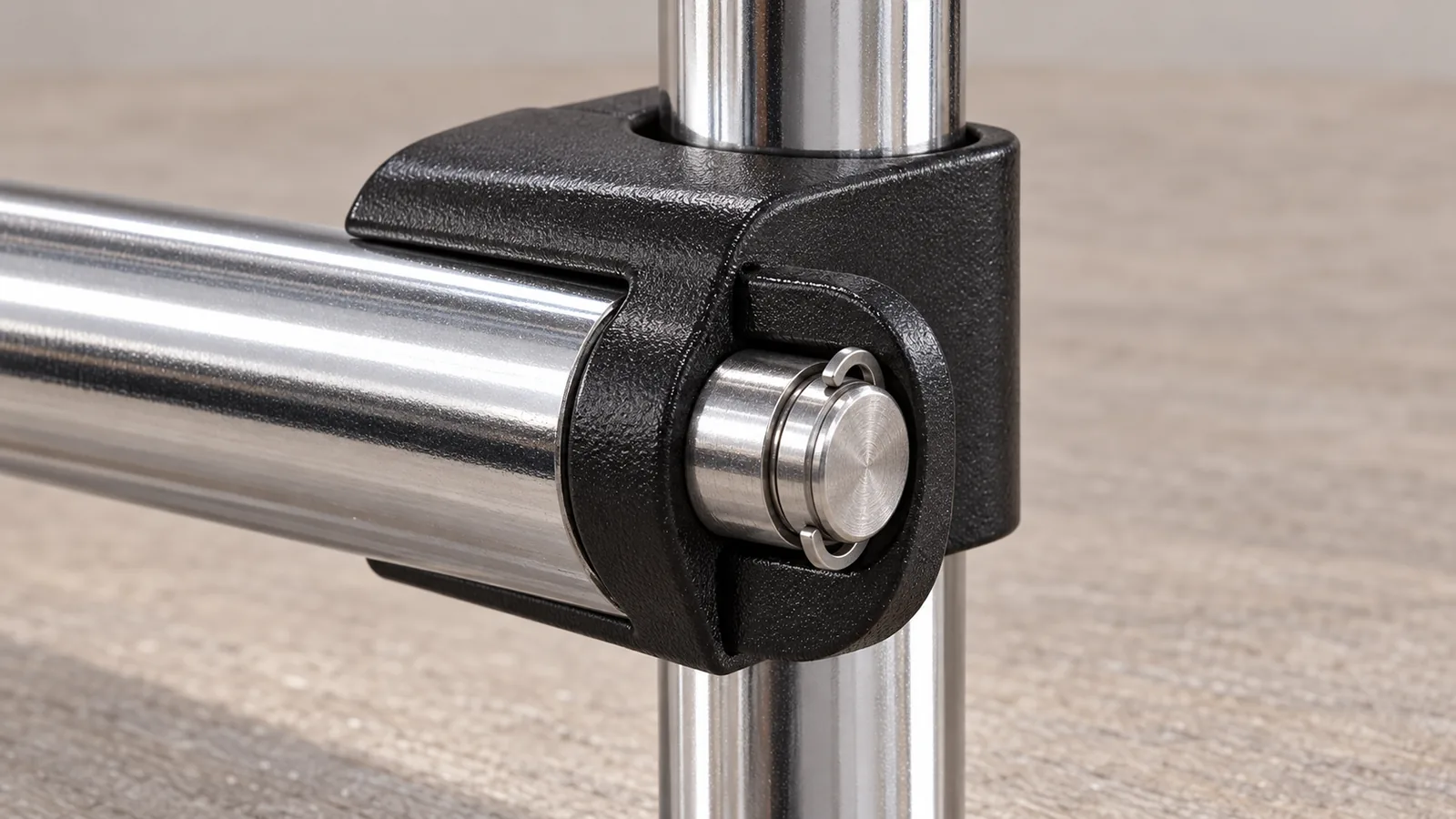 Folding rack pivot pin retained by a ring seated in its machined groove