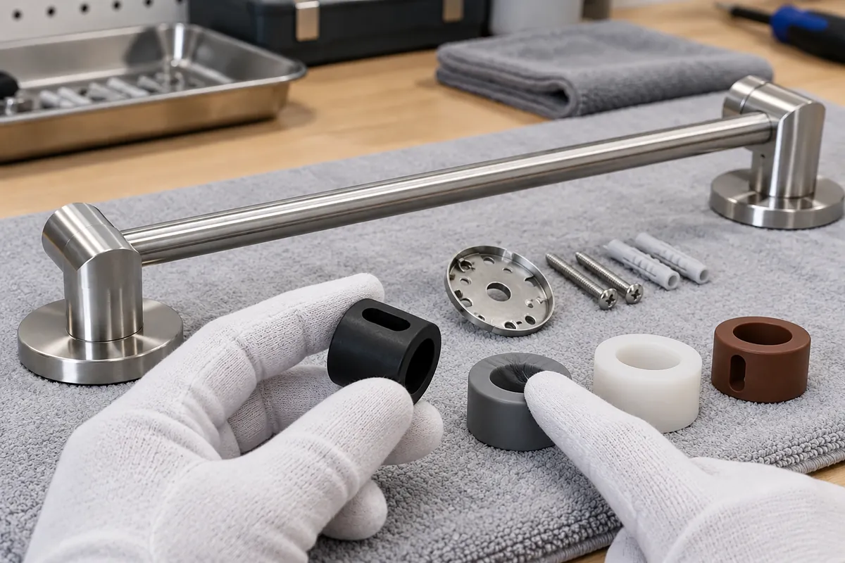 Buyer comparing rubber pad materials for bathroom hardware