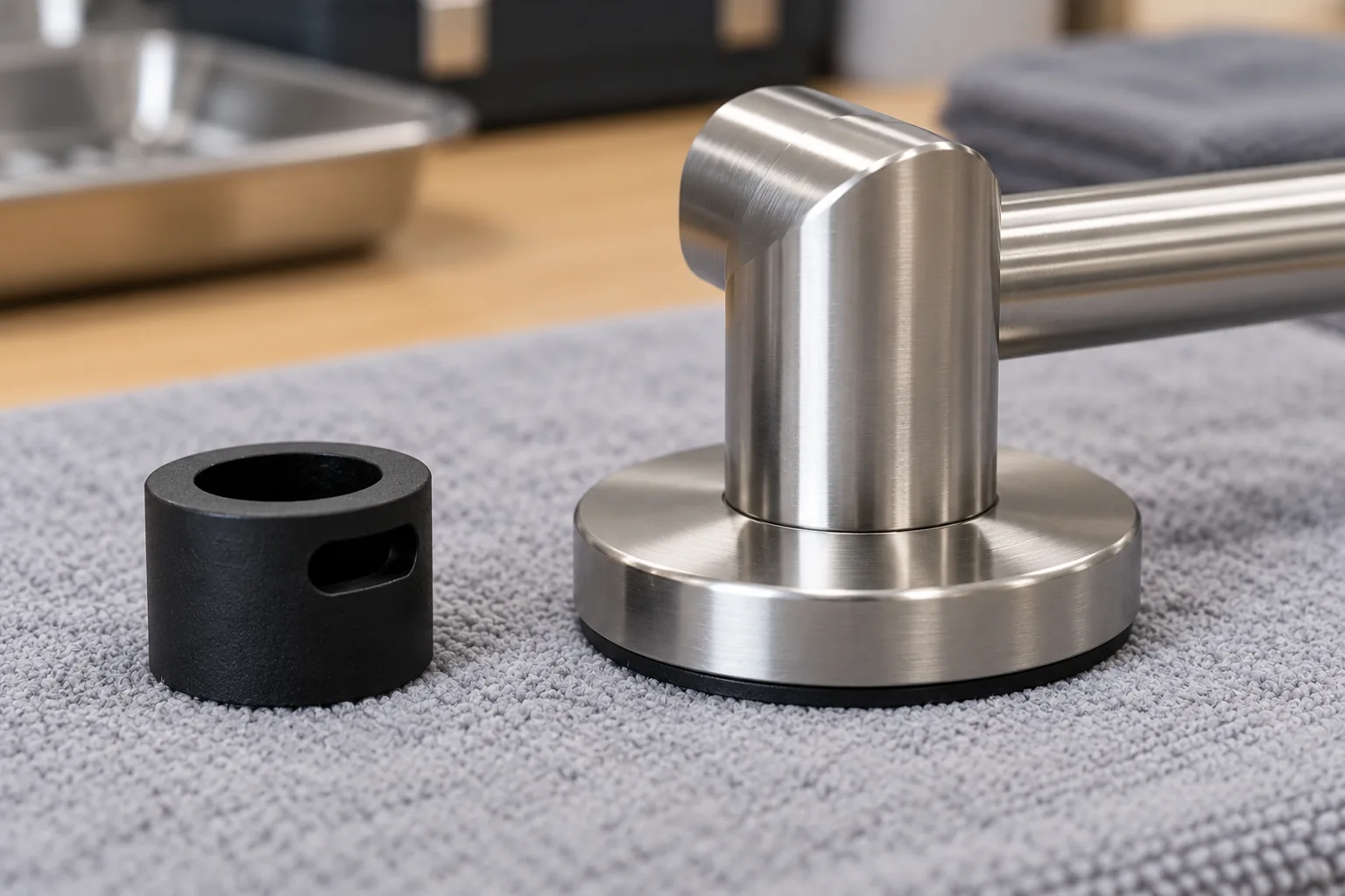 Elastomer hardware pad shown beside a compressed installed sample