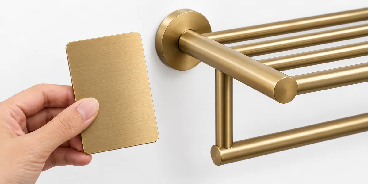 Buyer approving a metallic finish sample beside bathroom hardware