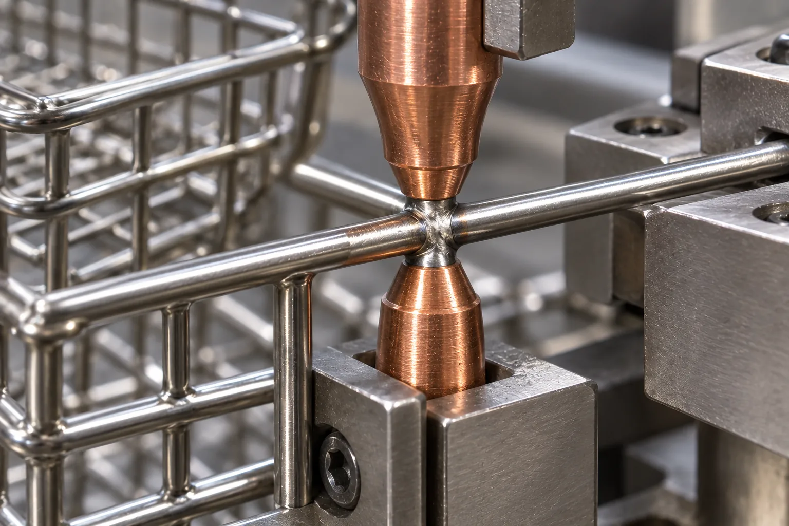Copper electrodes contacting a crossed-wire basket joint