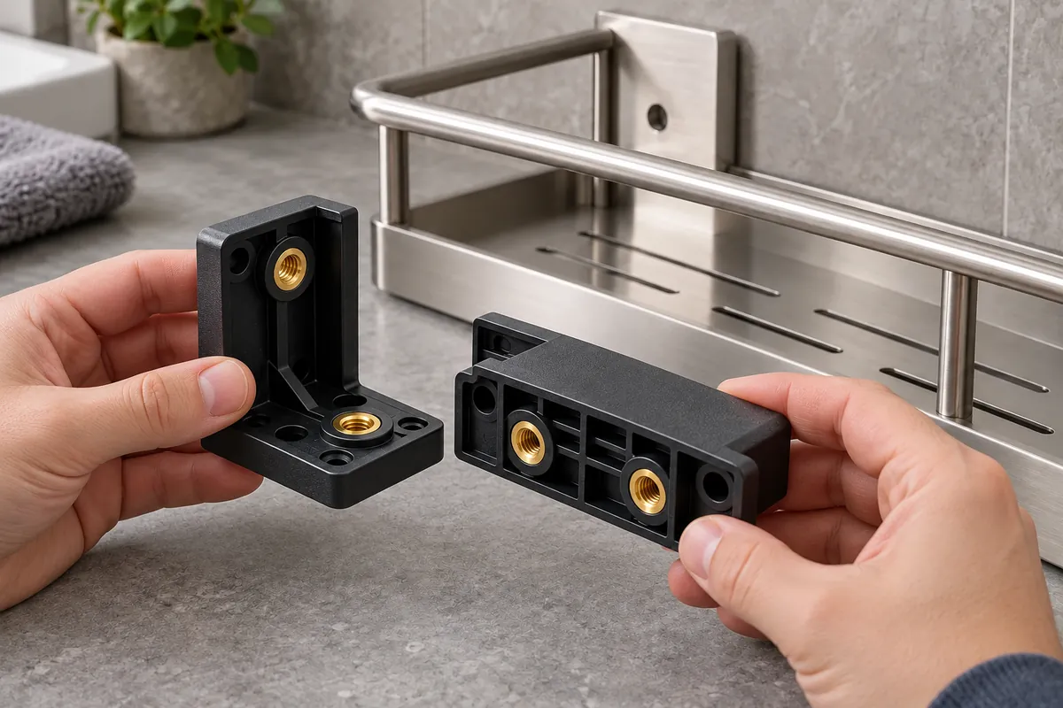 Buyer comparing bonded plastic-to-metal mounting samples