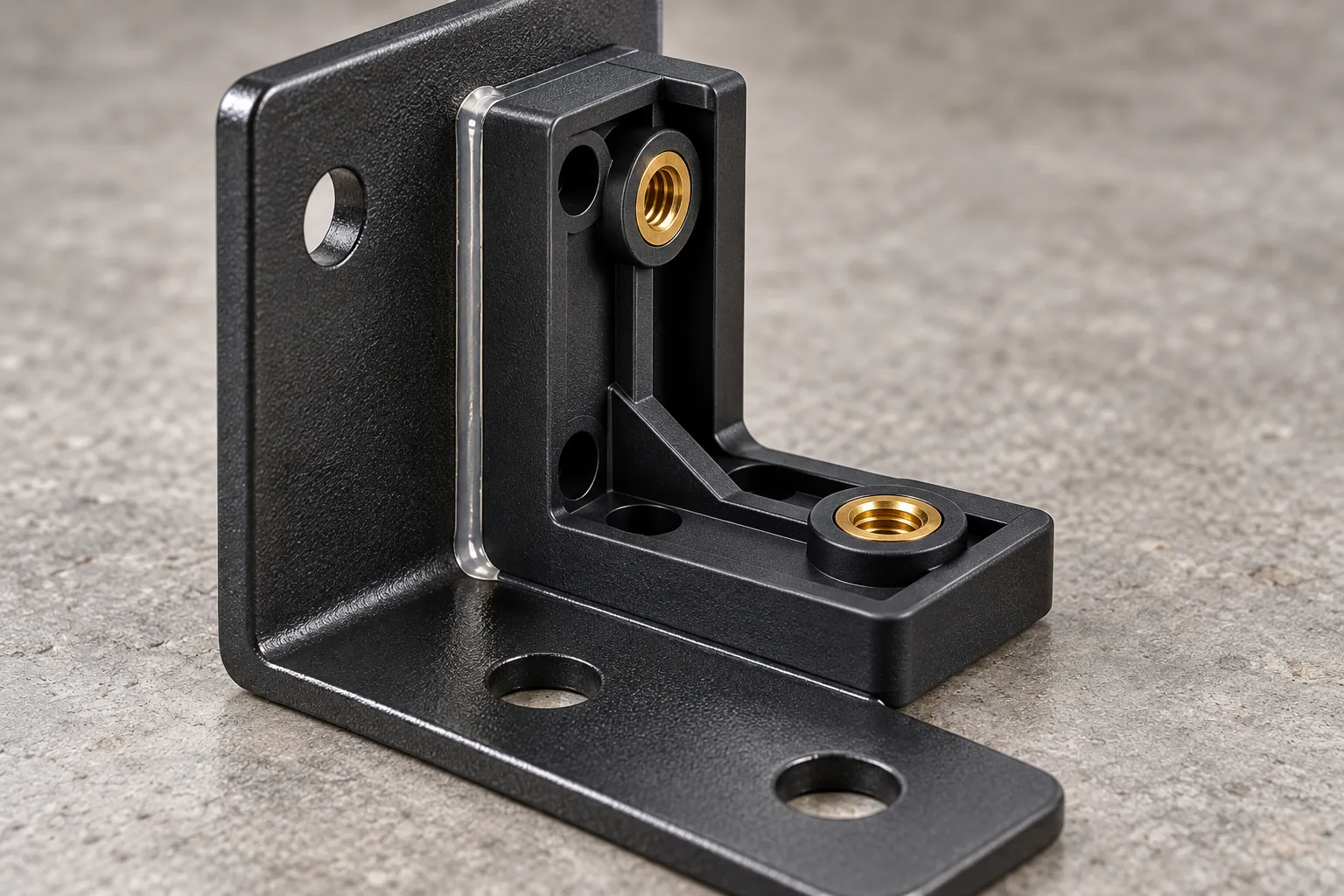 Polypropylene component bonded to a powder-coated steel bracket