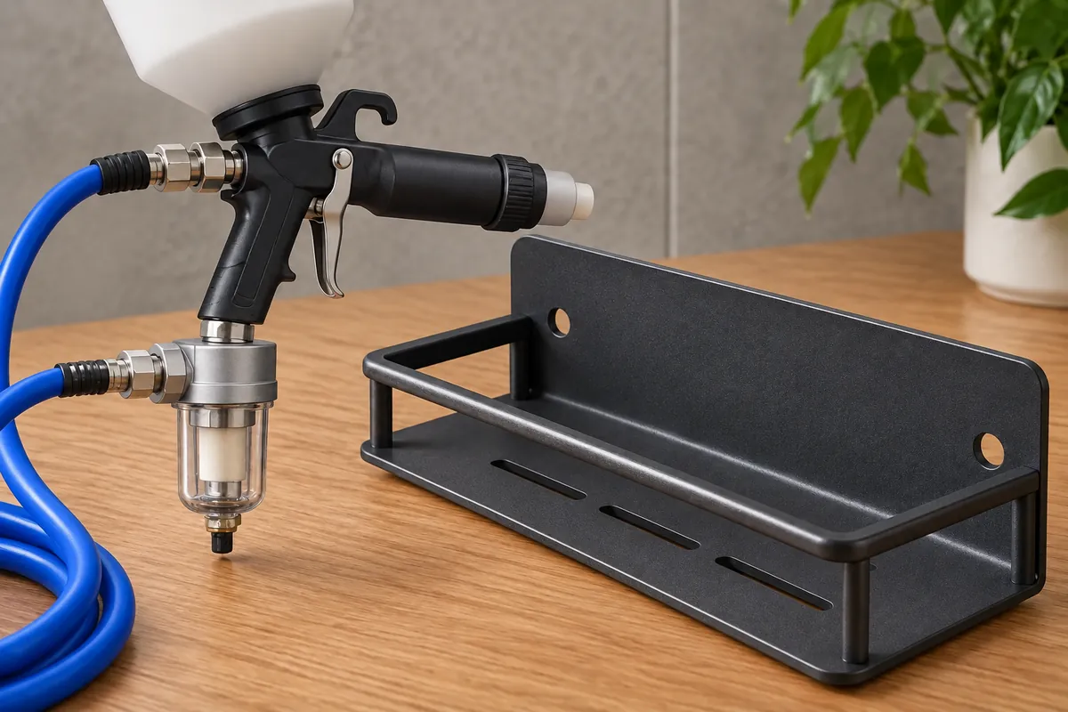 Close-up of a powder-coating spray gun air hose and a small clean filter/water trap beside a coated metal rack sample, no digital readout.