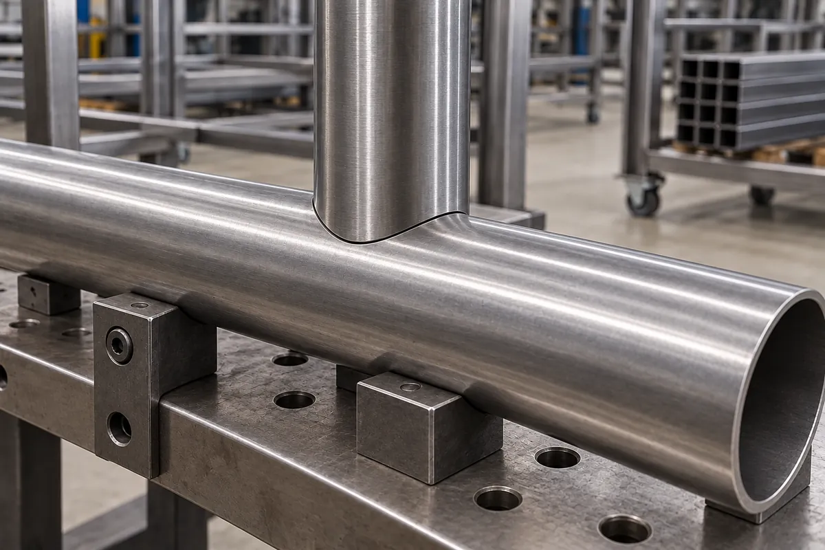 Close-up dry-fit of two round stainless tubes meeting at a saddle joint in a simple unmarked fixture before welding.