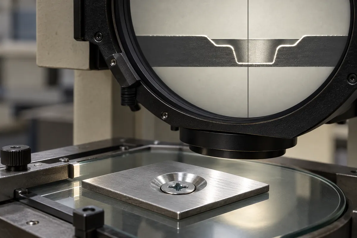 Close-up of a stamped bracket edge under an optical comparator lens, physical profile sharply visible, no scales or readouts.
