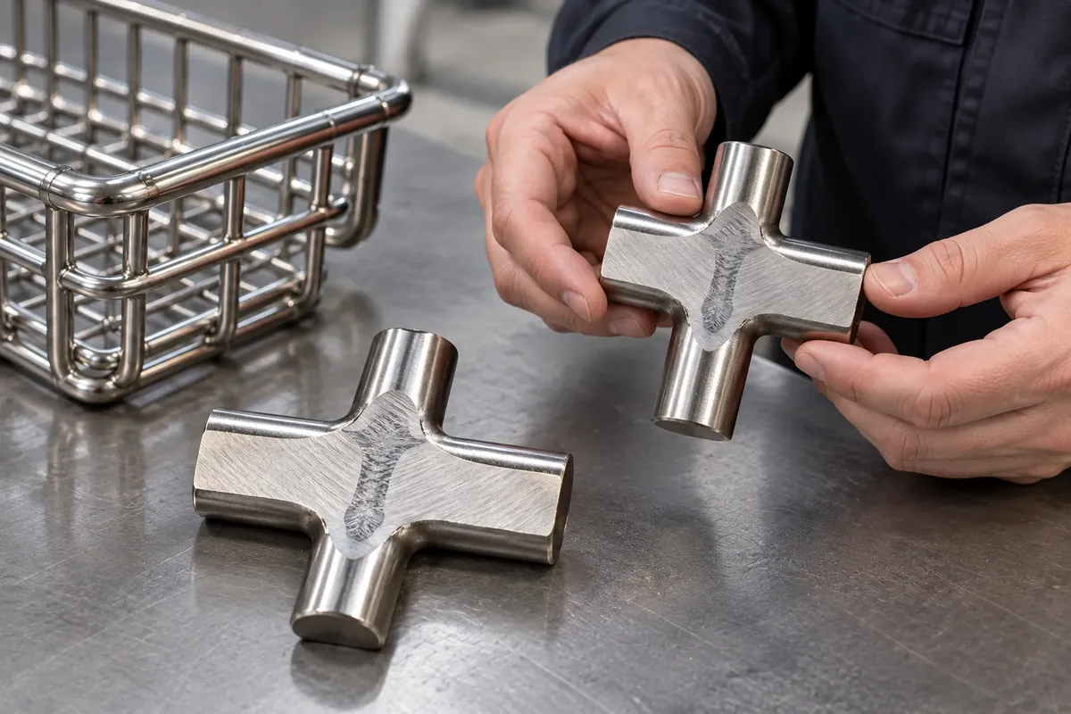 Buyer reviews two rack joint weld coupons and an assembled frame corner, no labels or numeric markings.