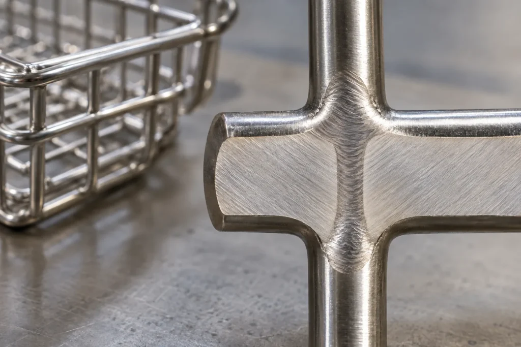 Photorealistic stainless tube-to-plate fillet weld at a bathroom storage rack joint, weld profile clearly visible, no drawn measurements.