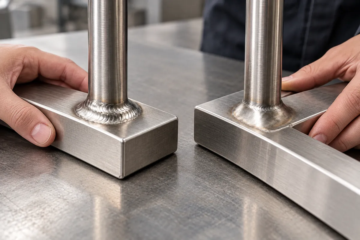 Buyer compares two welded stainless frame coupons for toe condition, no marks, labels or text.