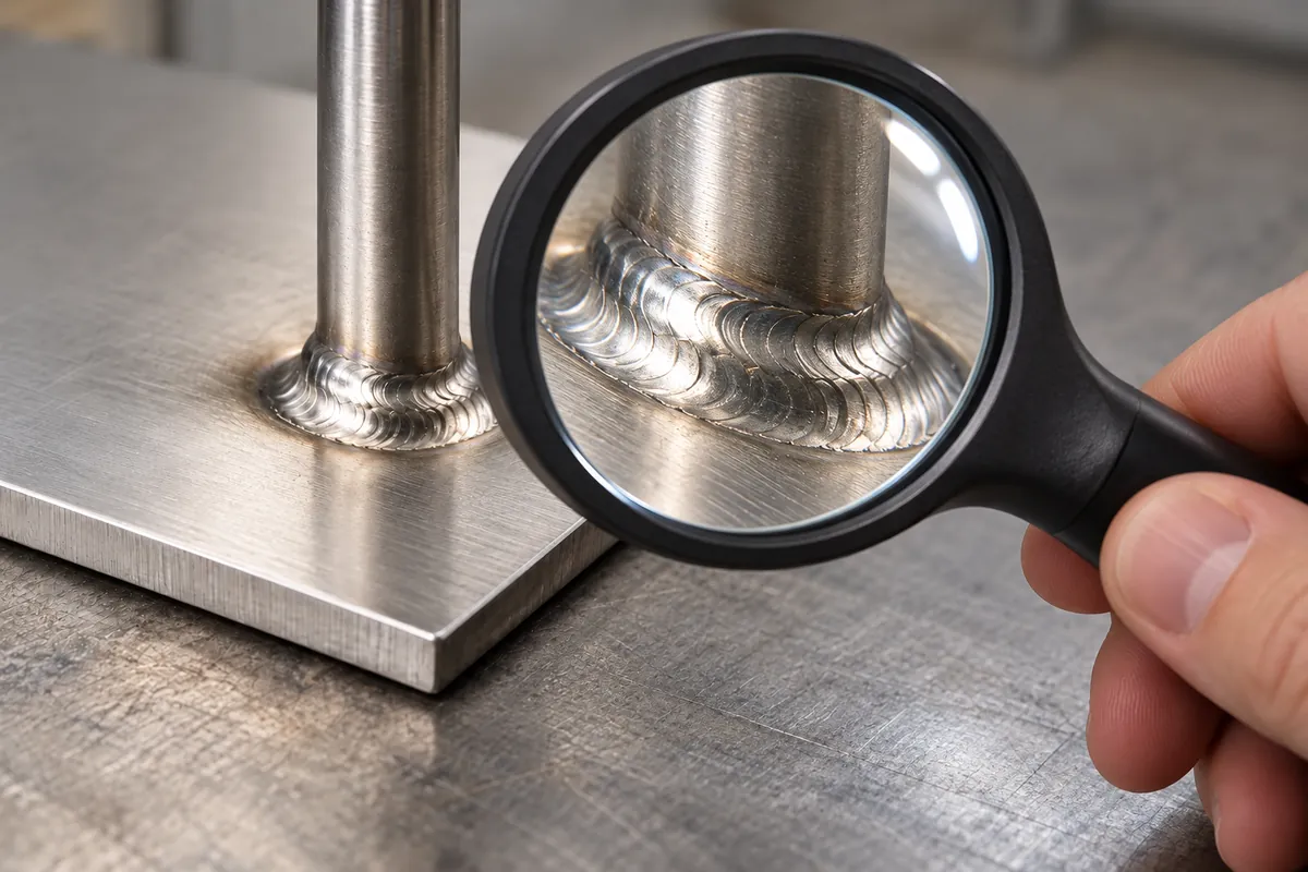 Macro inspection of a stainless sheet-to-tube weld toe under neutral task lighting with an unmarked visual magnifier, no numbers.