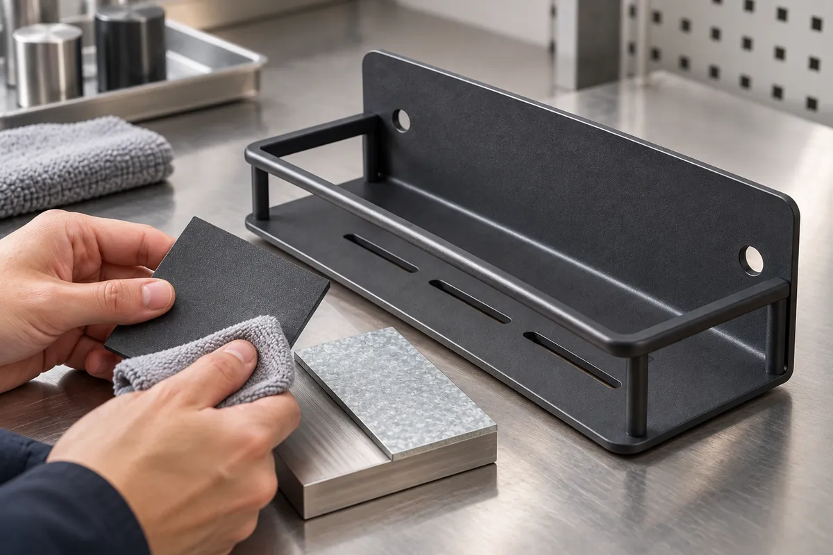 Buyer examines coated rack sample and comparison coupon after a rub check, no charts or numbers.