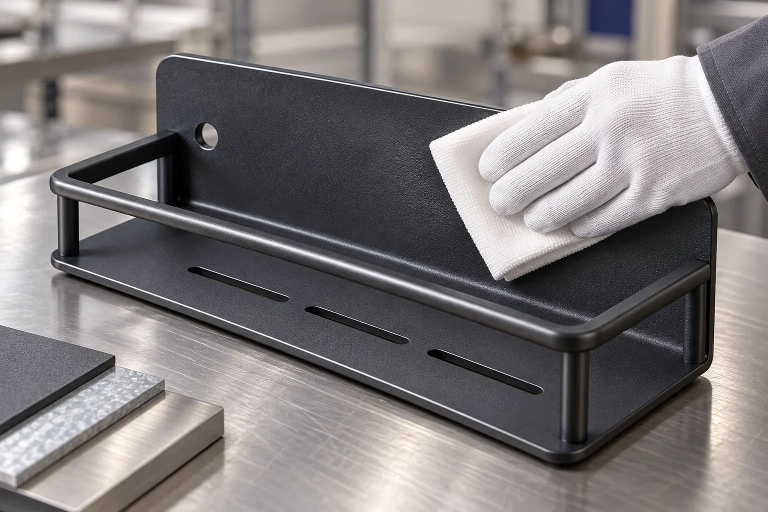 Photorealistic powder-coated metal rack coupon with a technician's gloved hand rubbing a small cloth across the coating, close-up, no branding.