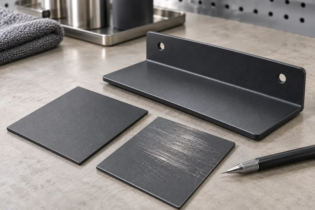 Photorealistic powder-coated steel shelf coupon beside an unmarked pencil-hardness stylus and a separate abrasion-worn coated coupon, no text.