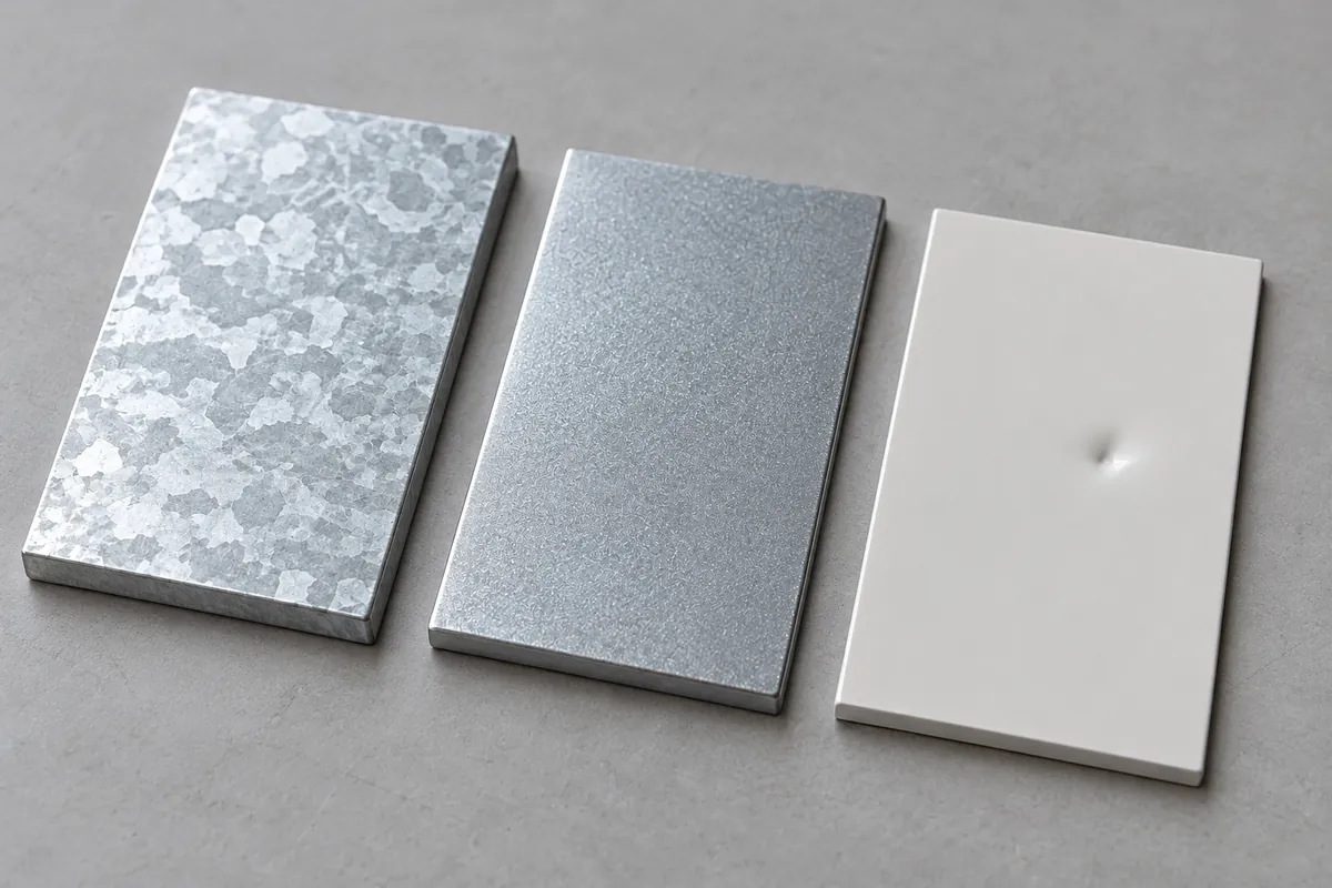 Buyer compares coated coupons made from visibly different sheet thicknesses, one showing a small impact indentation, no labels.