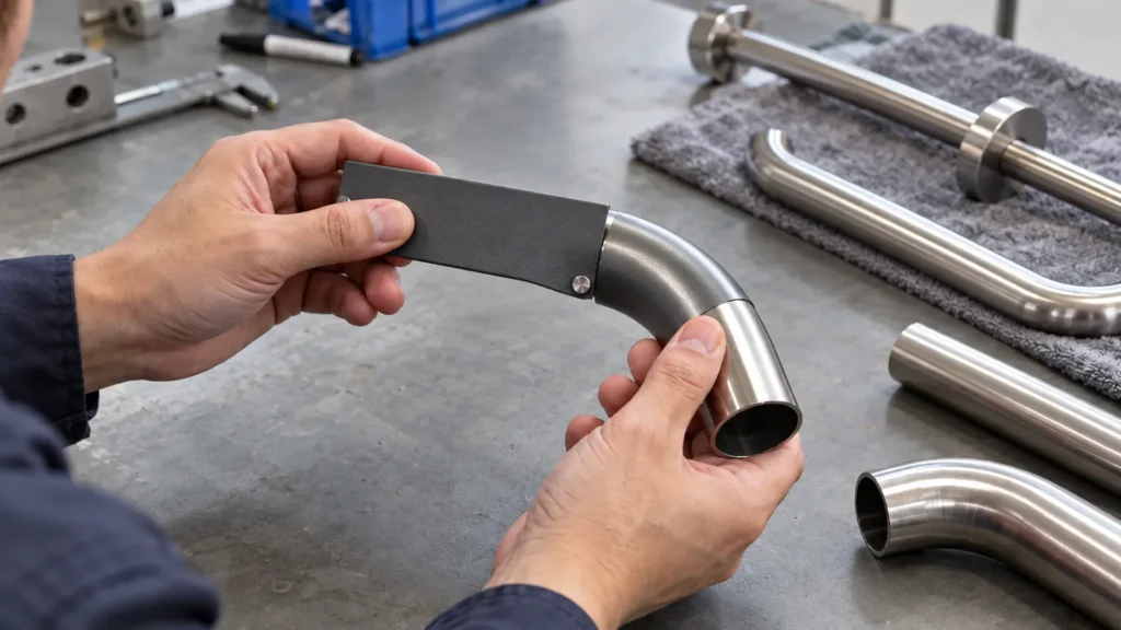 Photorealistic powder-coated thin metal bracket coupon bent around a smooth mandrel, coating surface visible along the curve, no labels.