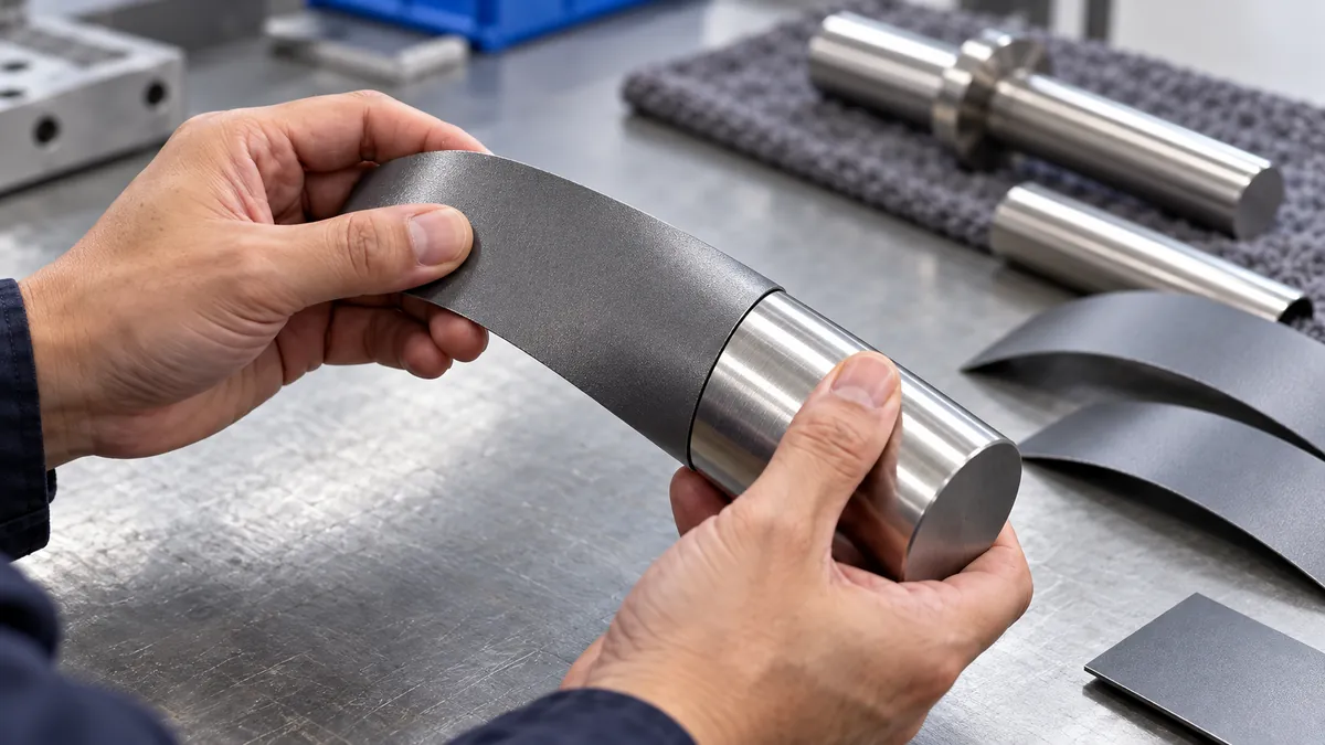 Macro of a coated metal strip wrapped around a plain cylindrical mandrel with coating under inspection, no numbers or scales.