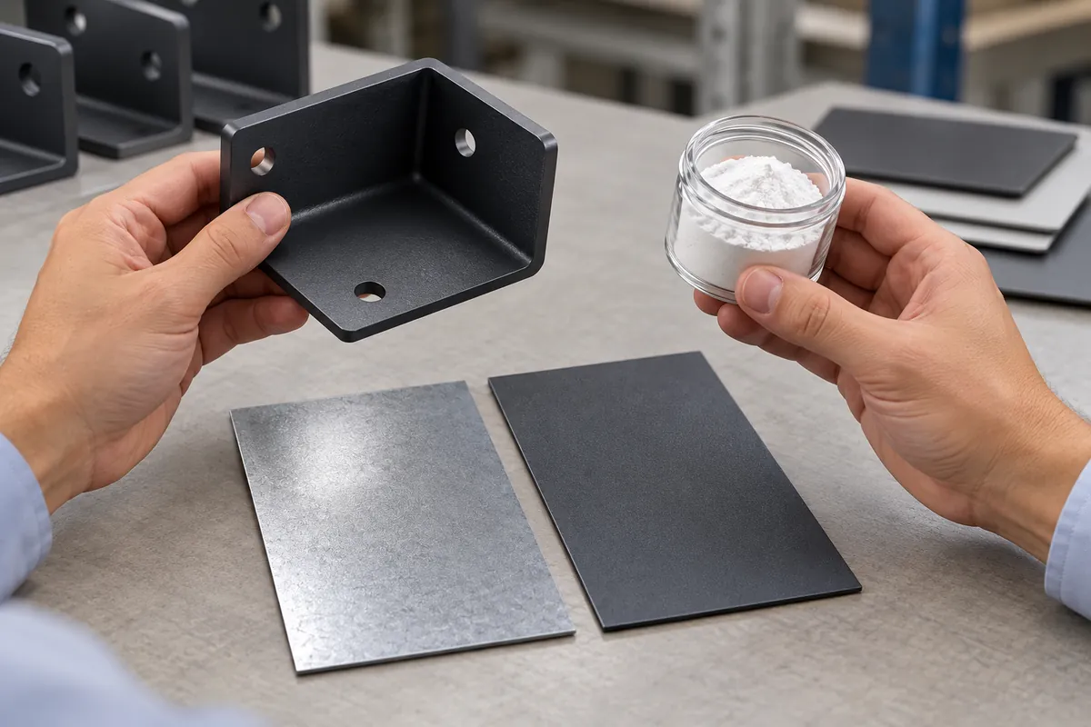 Buyer reviews a clean coated rack sample and a sealed plain powder sample cup, no labels or branding.