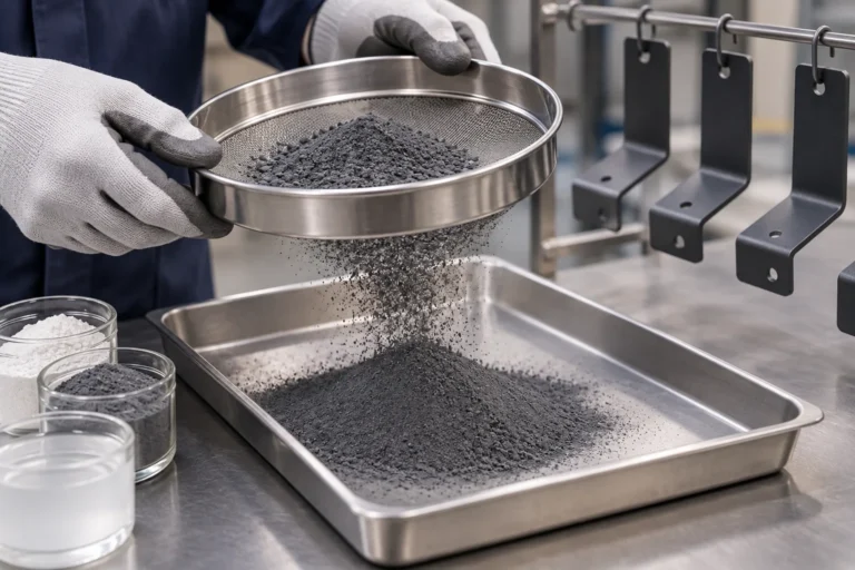 Photorealistic close-up of clean powder-coating powder passing through a fine metal sieve above an unmarked collection tray, industrial material texture, no labels.