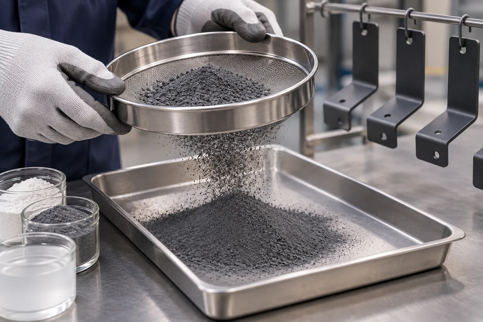 Photorealistic close-up of clean powder-coating powder passing through a fine metal sieve above an unmarked collection tray, industrial material texture, no labels.