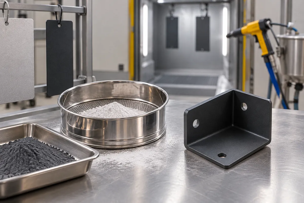 Powder coating booth preparation scene with an unmarked sieve and small quantity of coating powder beside a metal rack sample, no text.