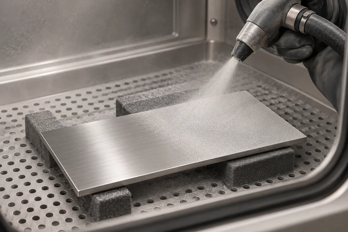 Close-up of a metal surface being gently abrasive-blasted in a contained cabinet, thin shelf sample clamped flat, no gauges.