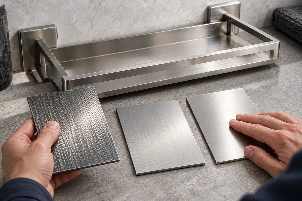Buyer inspects blasted and unblasted thin metal shelf coupons by touch and reflected light, no labels or charts.