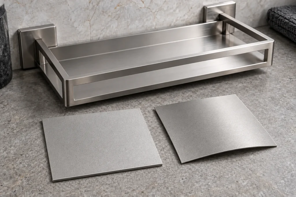 Photorealistic thin steel shelf coupon after abrasive blasting with a uniform matte profile beside a subtly bowed thin coupon, no grit symbols or text.