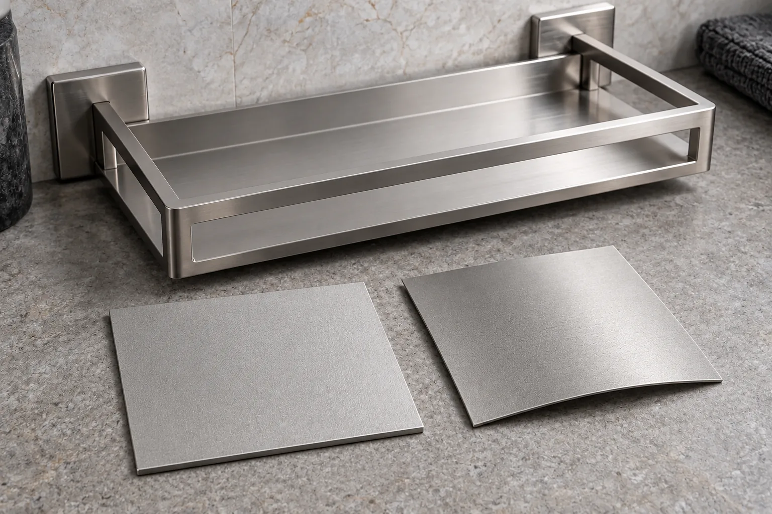 Photorealistic thin steel shelf coupon after abrasive blasting with a uniform matte profile beside a subtly bowed thin coupon, no grit symbols or text.