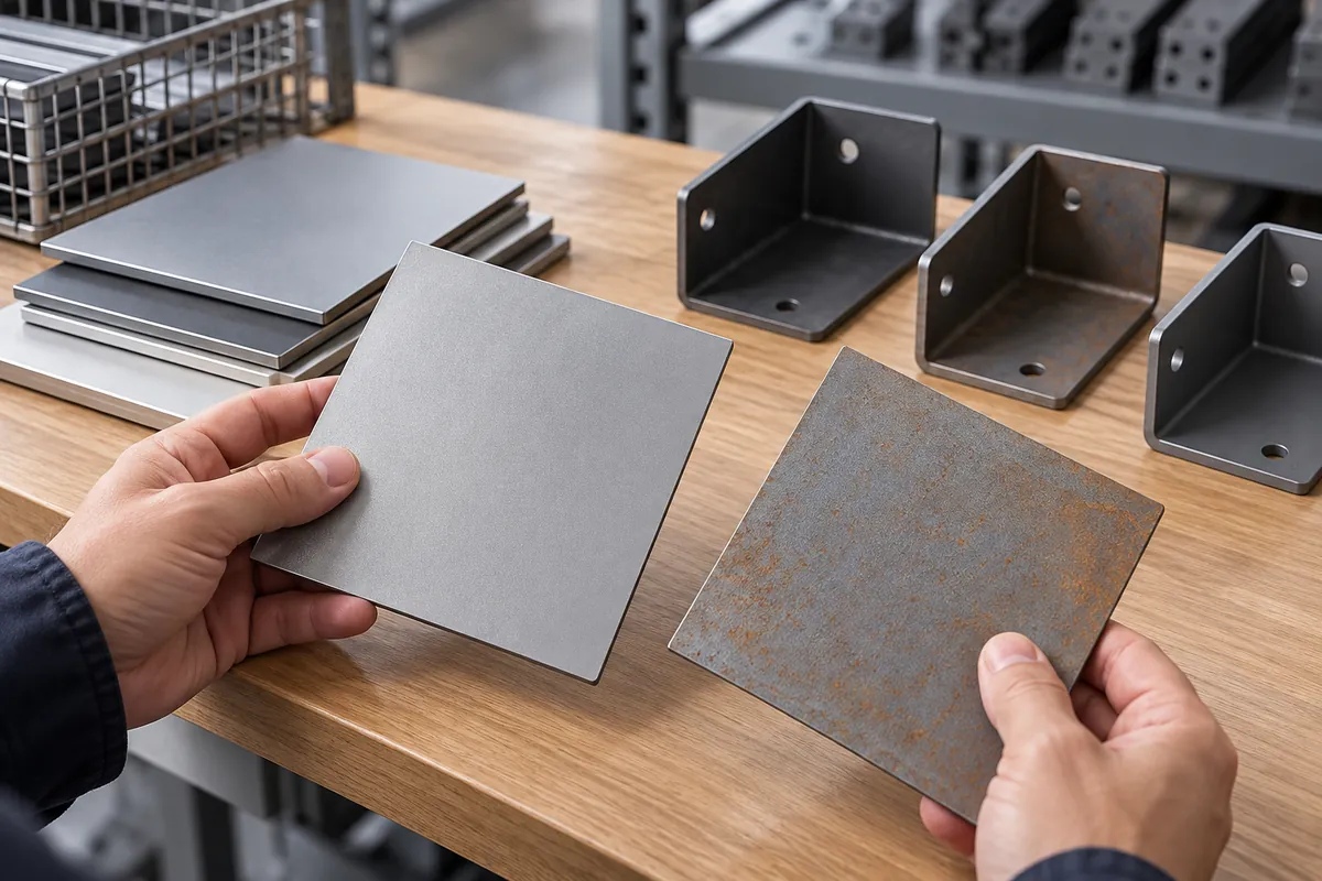Buyer inspects prepared steel shelf components before coating, one surface clean and one with faint rust bloom, no annotations.