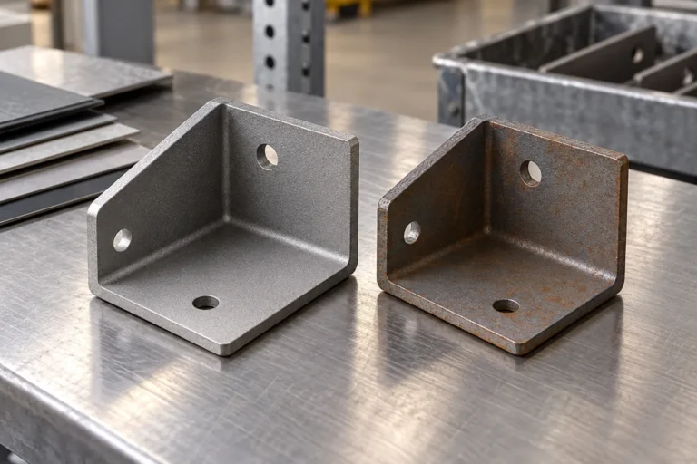 Photorealistic freshly blasted steel rack bracket beside a second bracket with faint early flash rust, clear physical contrast, neutral factory setting.