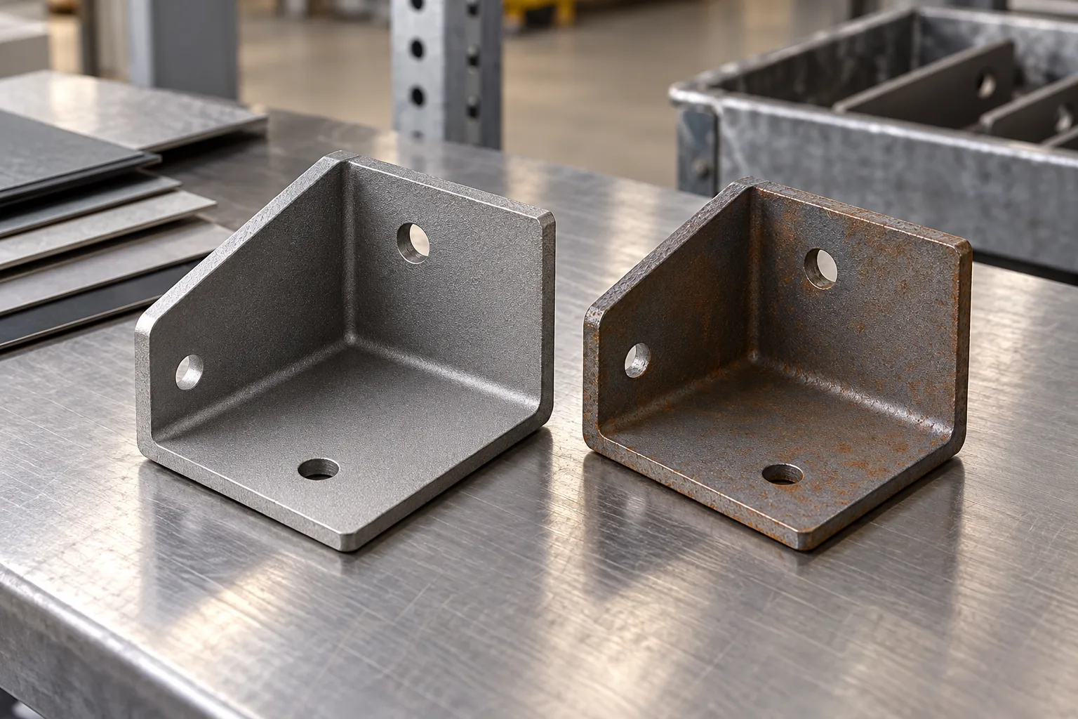 Photorealistic freshly blasted steel rack bracket beside a second bracket with faint early flash rust, clear physical contrast, neutral factory setting.