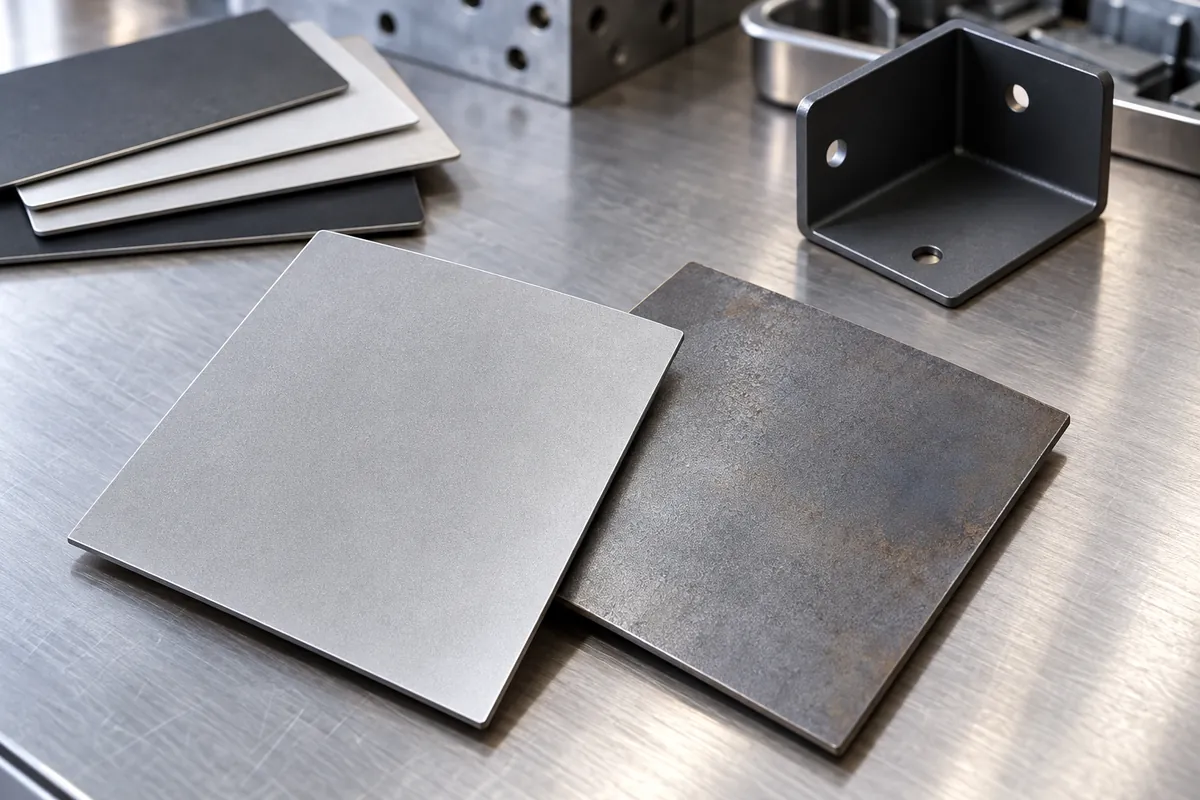 Close-up of clean prepared steel and slightly discolored steel surface before coating, no clock, timeline, labels or text.