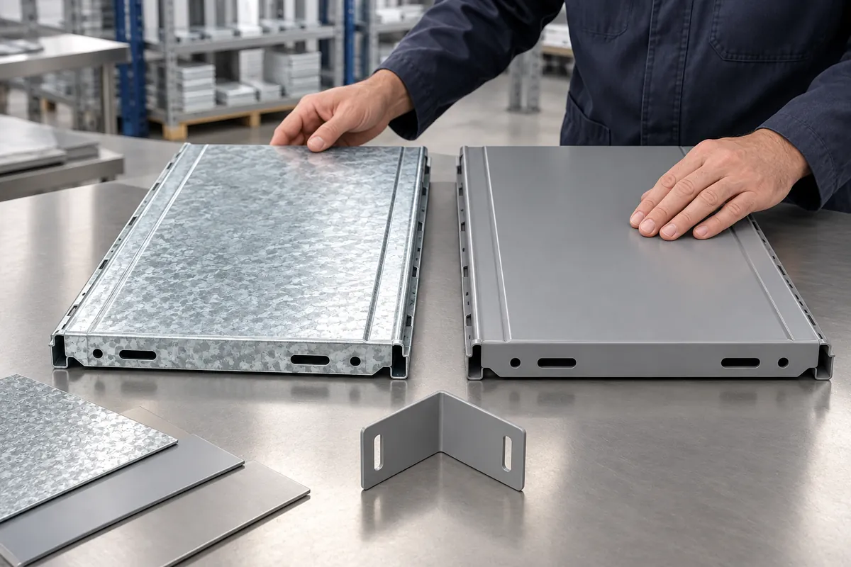Buyer reviews coated rack coupons and substrate samples under neutral light, no labels, charts or color-coded legends.